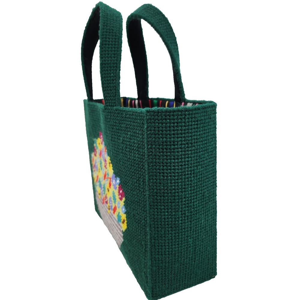 VTG Handmade Needlepoint Tote Bag Floral Canvas Plastic Purse Craft Knit 11x9 - Picture 3 of 15